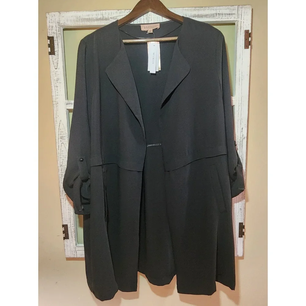 Philosophy Woman Black Open Front Duster Jacket NWT Plus Size 1X Notched Collar